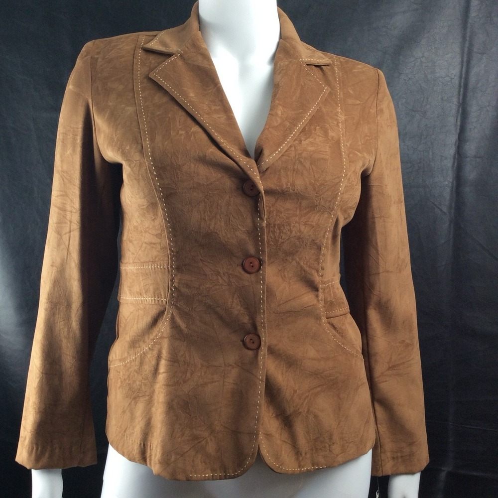 Courtenay Stretch Brown Faux Suede Blazer Jacket Women 12 Contrast Stitching NWT